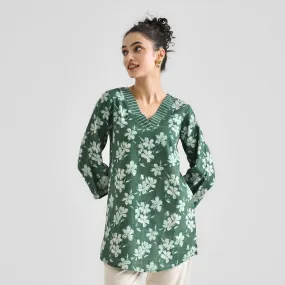 Moss Green Cotton Contemporary Dabu Printed Tunic