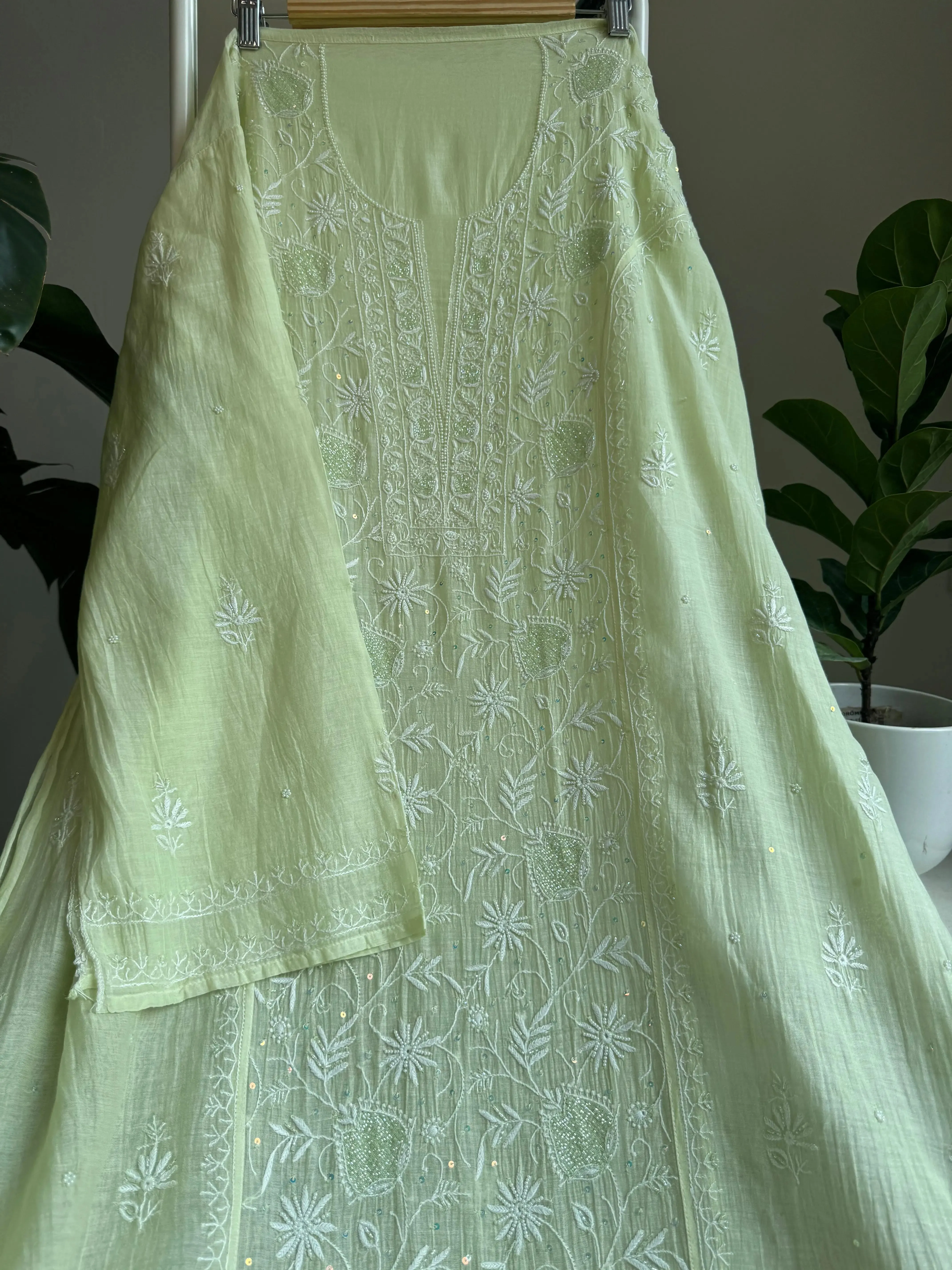 Mul Chanderi Straight Chikankari Tunic - Lemon yellow