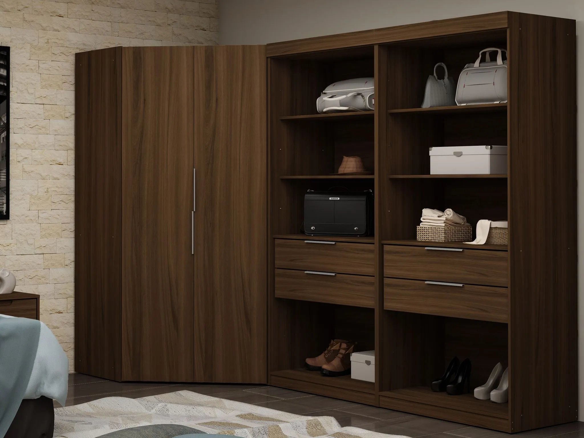 Mulberry Open 1 Sectional Modern Armoire Wardrobe Closet with 2 Drawers in Brown