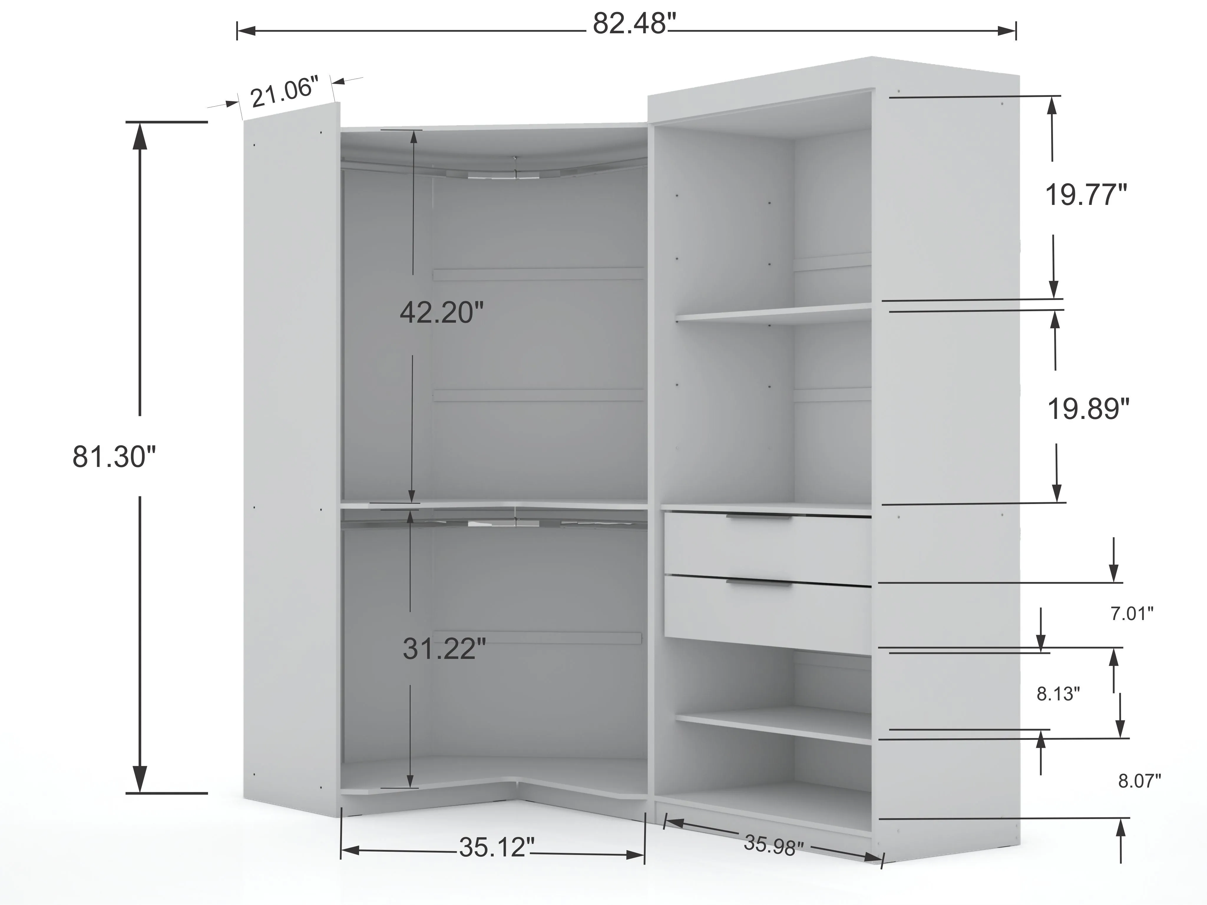 Mulberry Open 2 Sectional Modern Corner Wardrobe Closet with 2 Drawers- Set of 2 in White