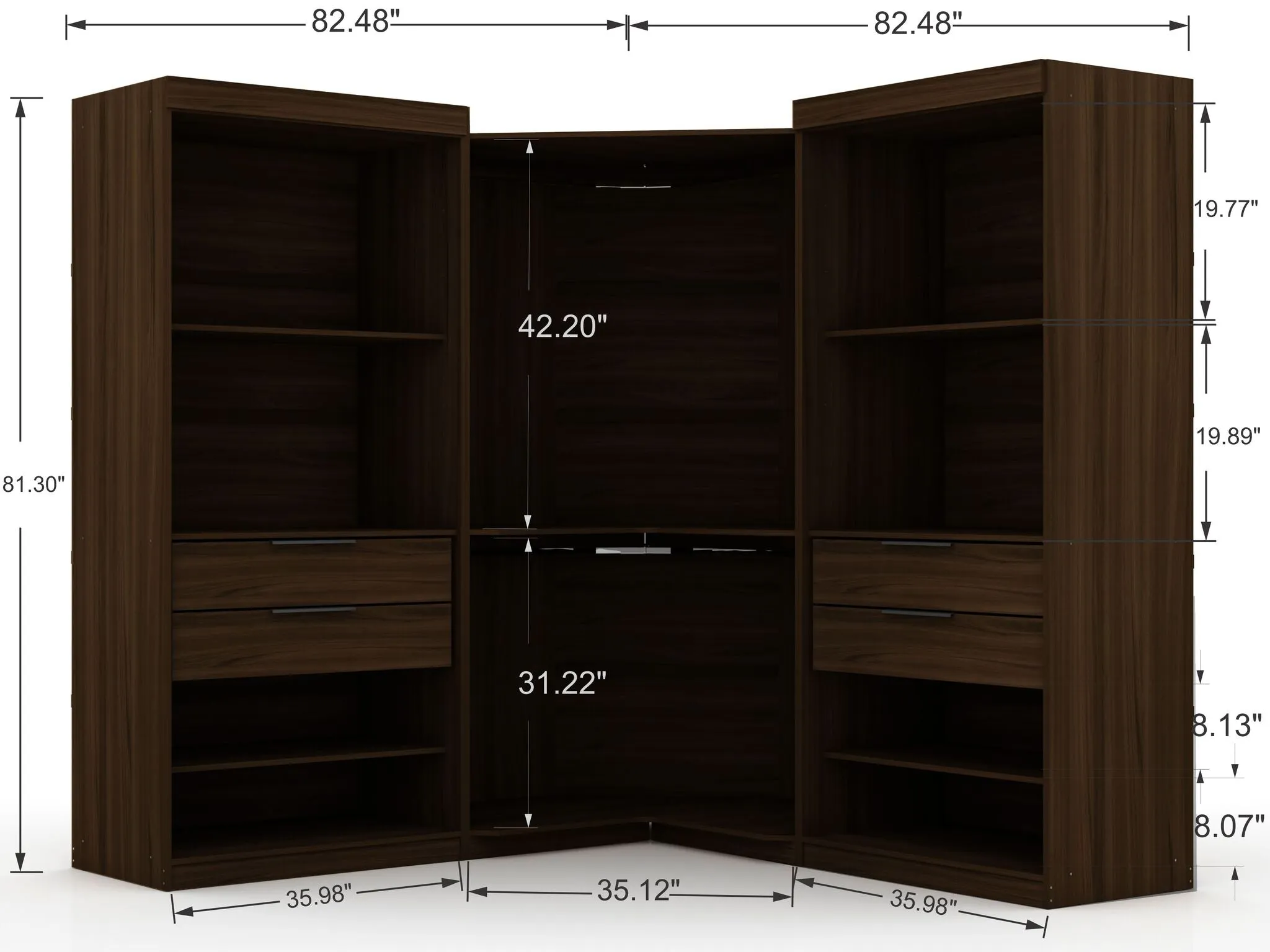 Mulberry Open 3 Sectional Modern Wardrobe Corner Closet with 4 Drawers - Set of 3 in Brown