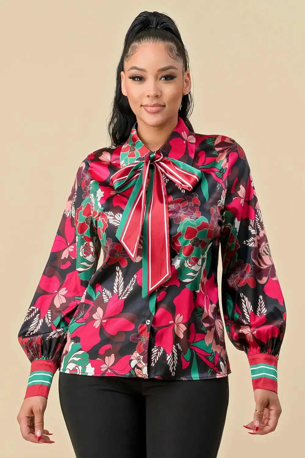 Multi Print Satin Button Down Top