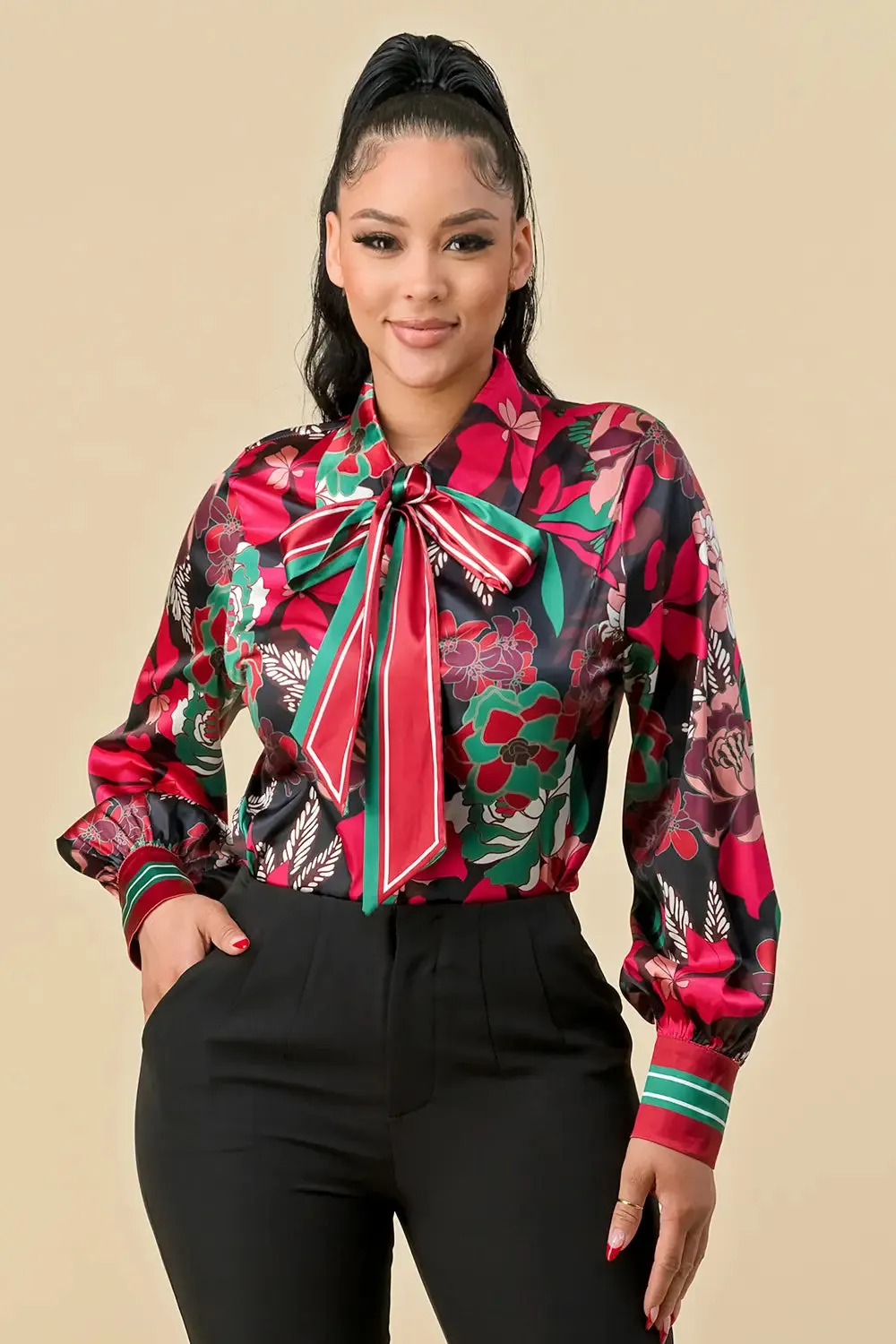 Multi Print Satin Button Down Top