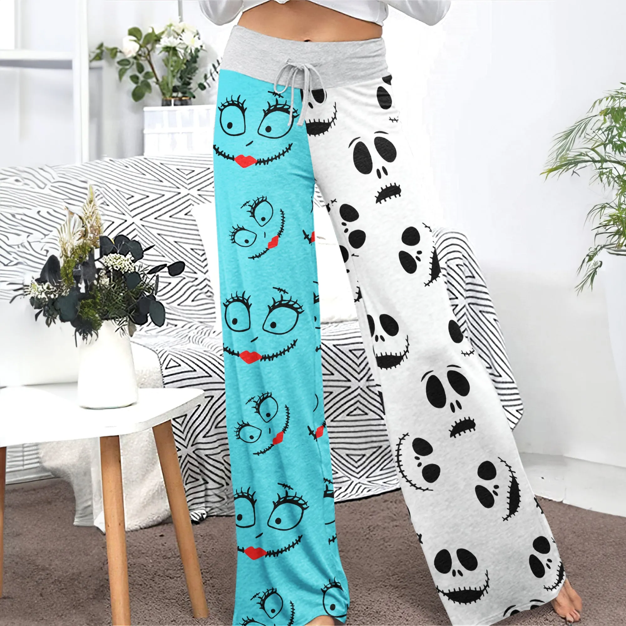 Nightmare White Half Blue Pajama Pants Print Drawstring Palazzo Lounge