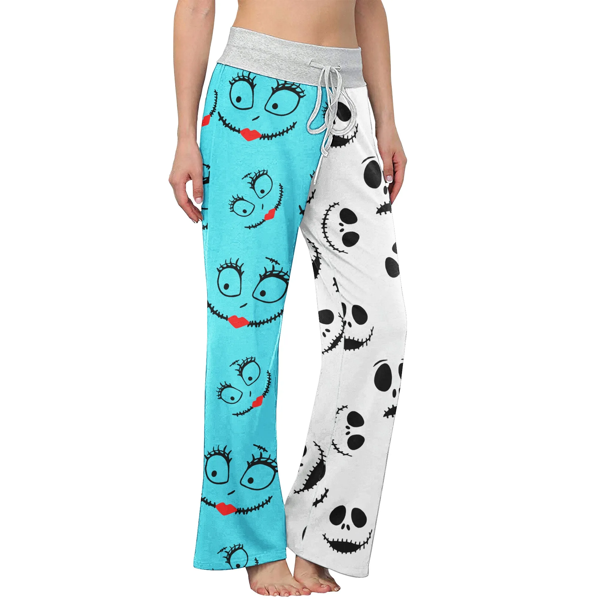 Nightmare White Half Blue Pajama Pants Print Drawstring Palazzo Lounge