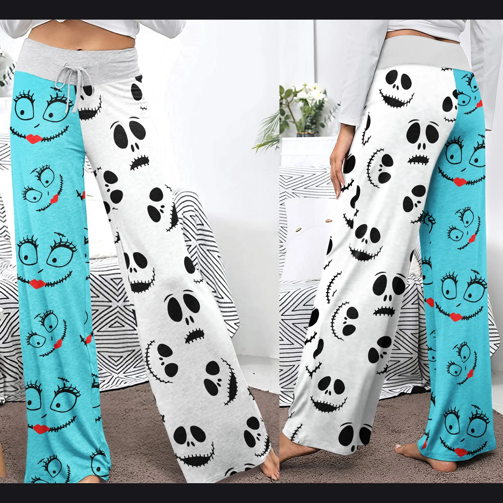 Nightmare White Half Blue Pajama Pants Print Drawstring Palazzo Lounge