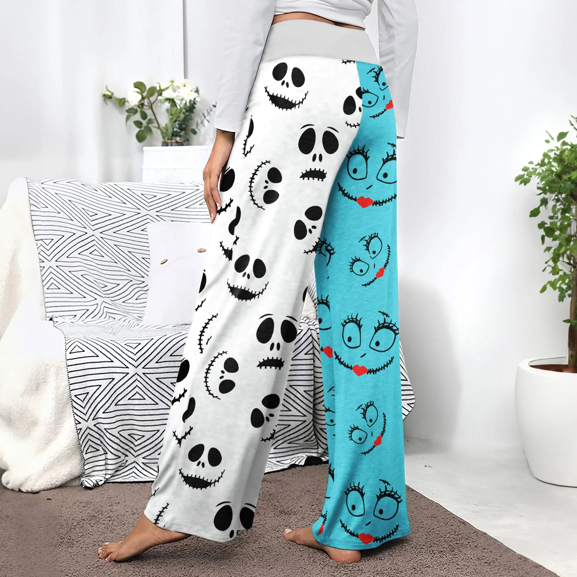 Nightmare White Half Blue Pajama Pants Print Drawstring Palazzo Lounge