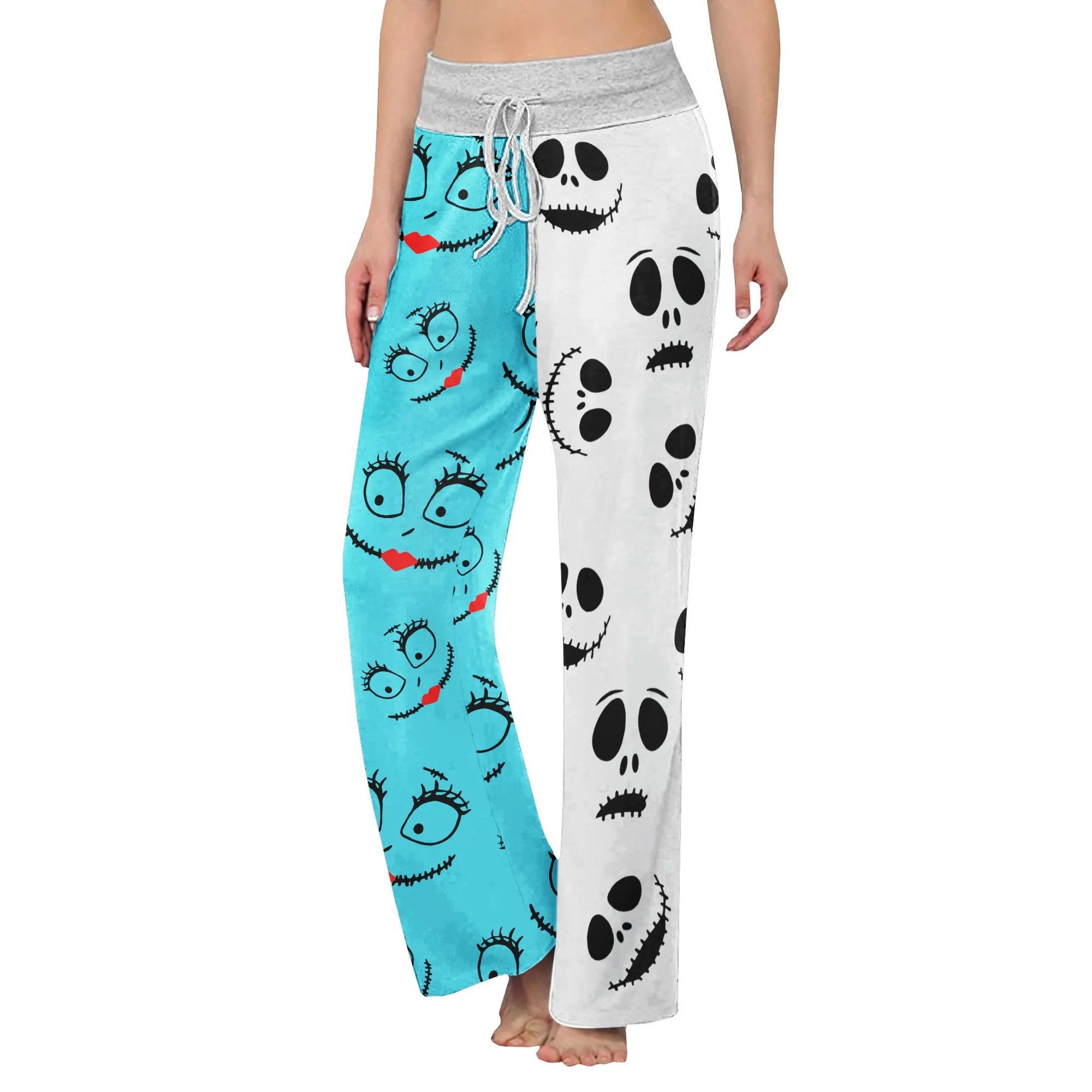 Nightmare White Half Blue Pajama Pants Print Drawstring Palazzo Lounge