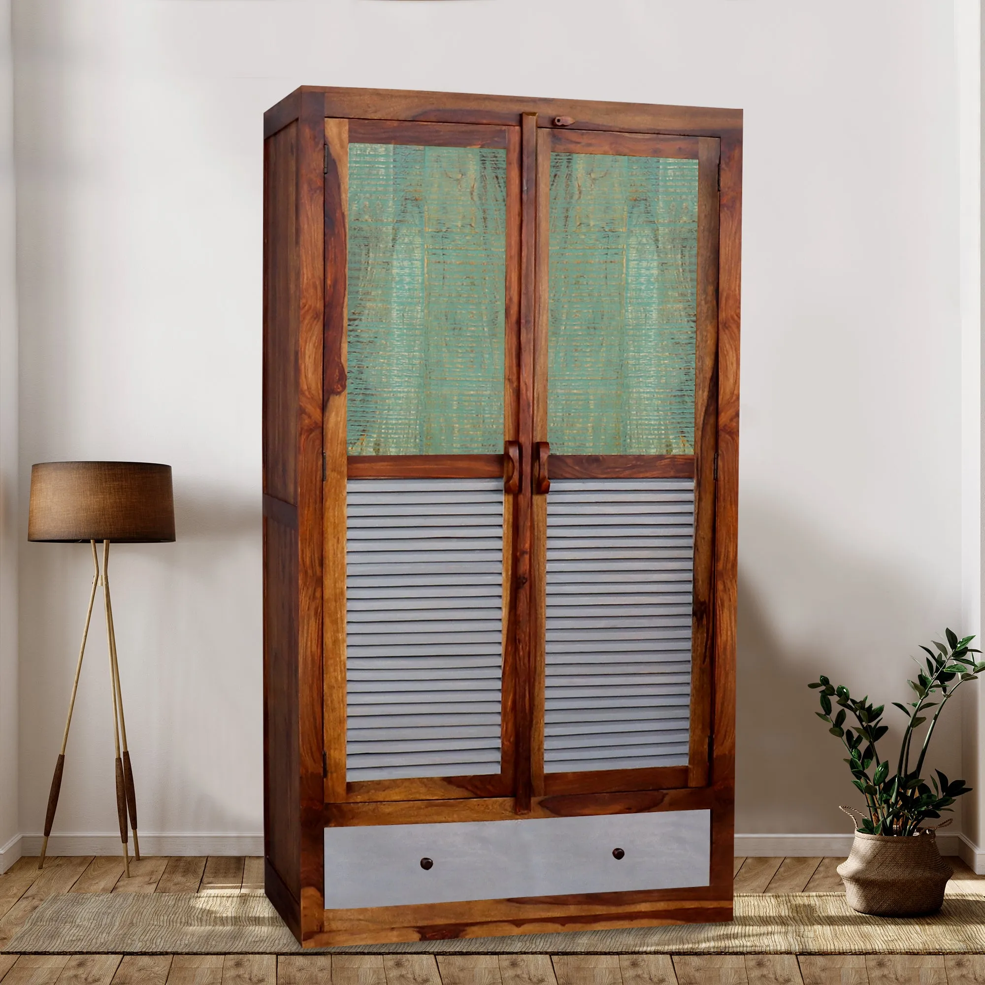 Noric Caspean Handcarved 2 Door Wardrobe with Wheel Castor