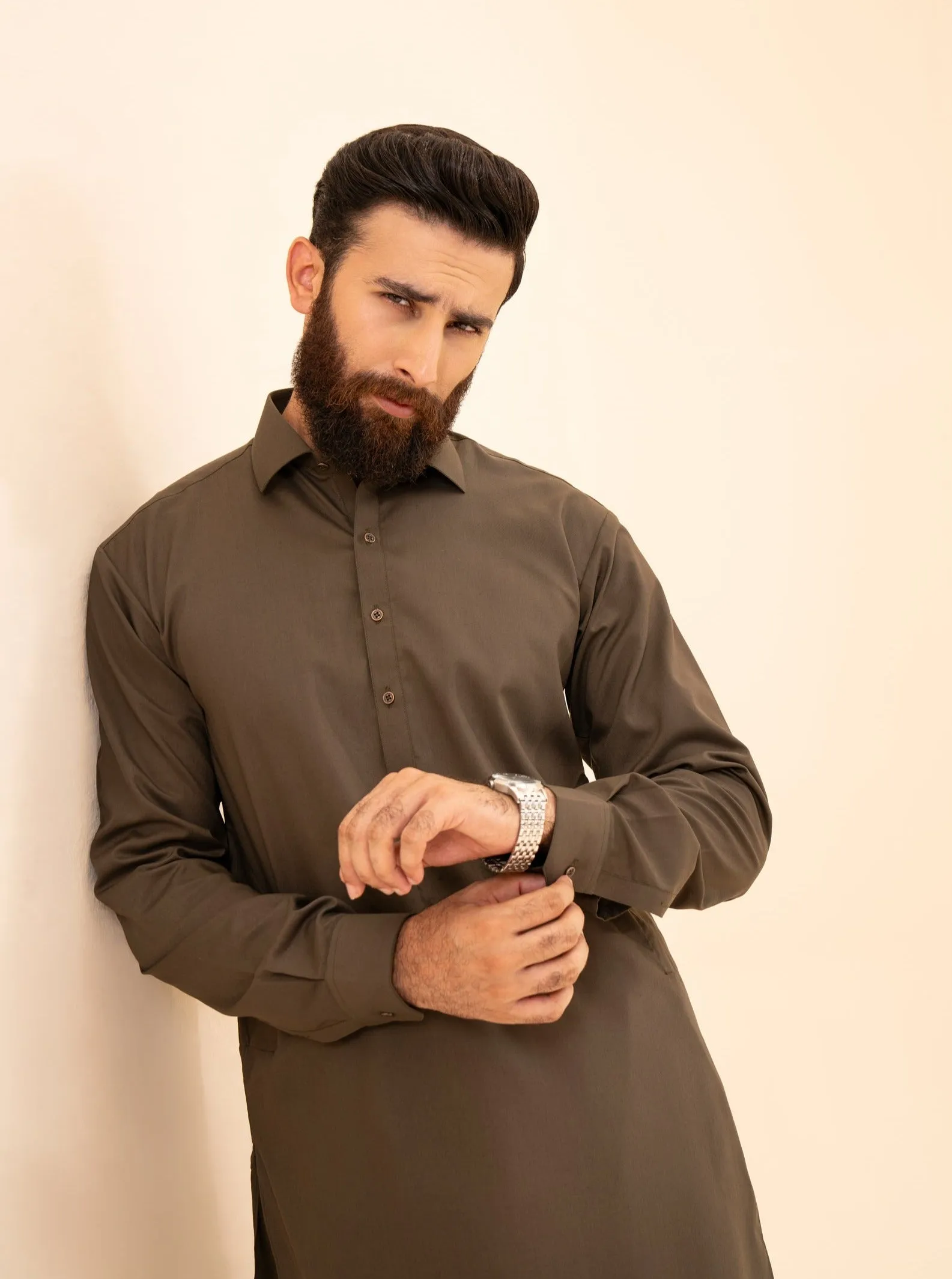 Olive Green French Collar Kameez Shalwar - Men