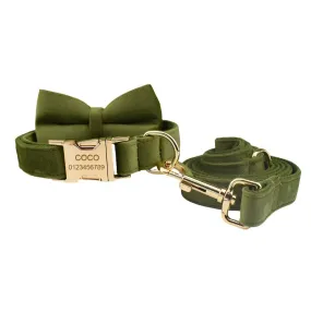 Olive Green Velvet Collar with Detachable Bow Tie Personalized Leash Set