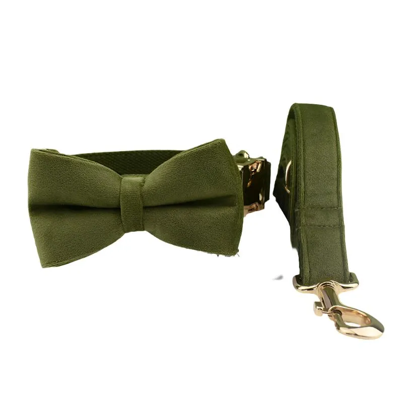 Olive Green Velvet Collar with Detachable Bow Tie Personalized Leash Set