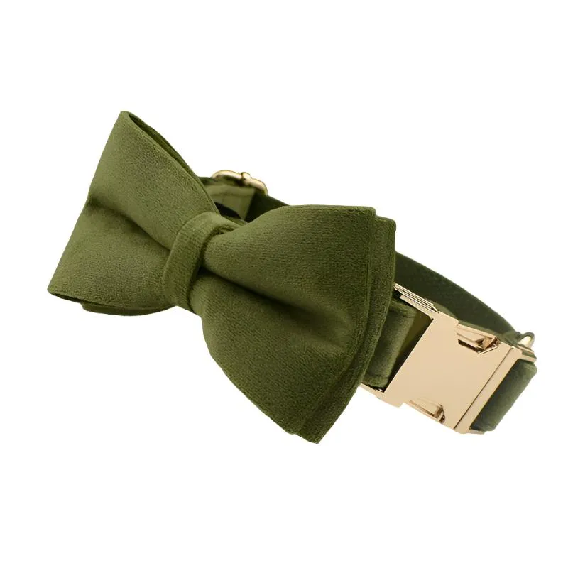 Olive Green Velvet Collar with Detachable Bow Tie Personalized Leash Set