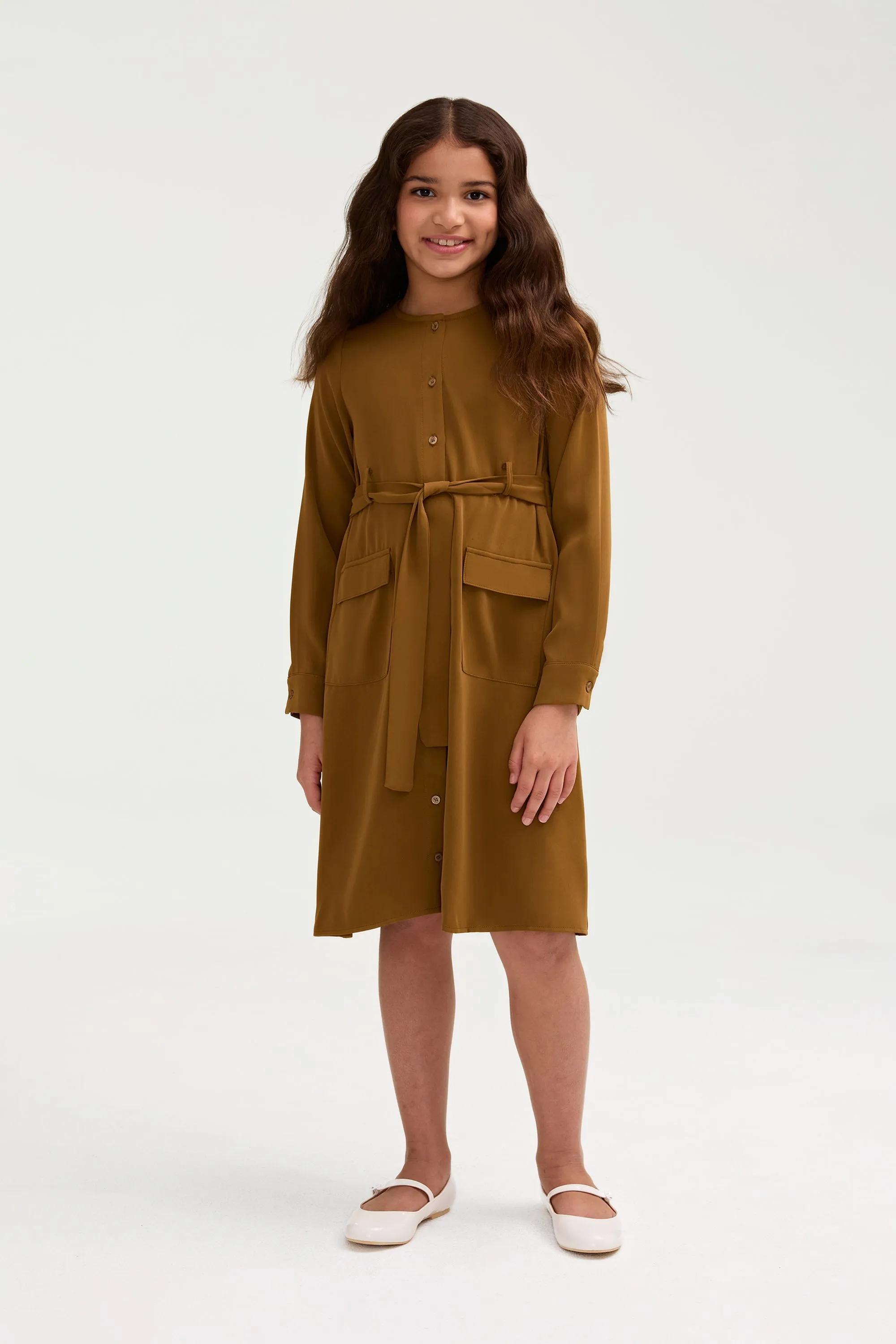 Olivia Button Down Utility Dress - Khaki Green (Girls)