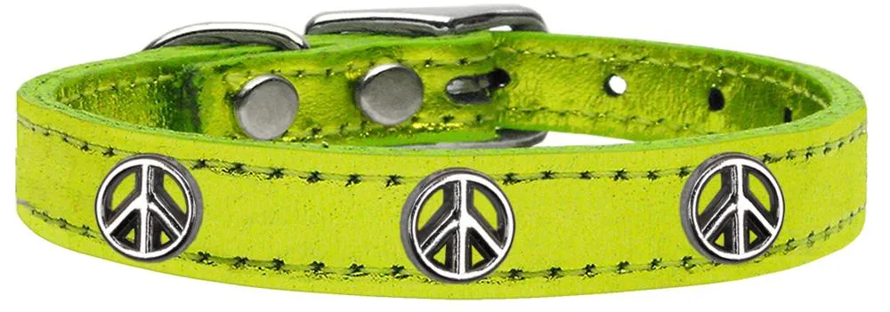 Peace Sign Widget Genuine Metallic Leather Dog Collar Lime Green 14