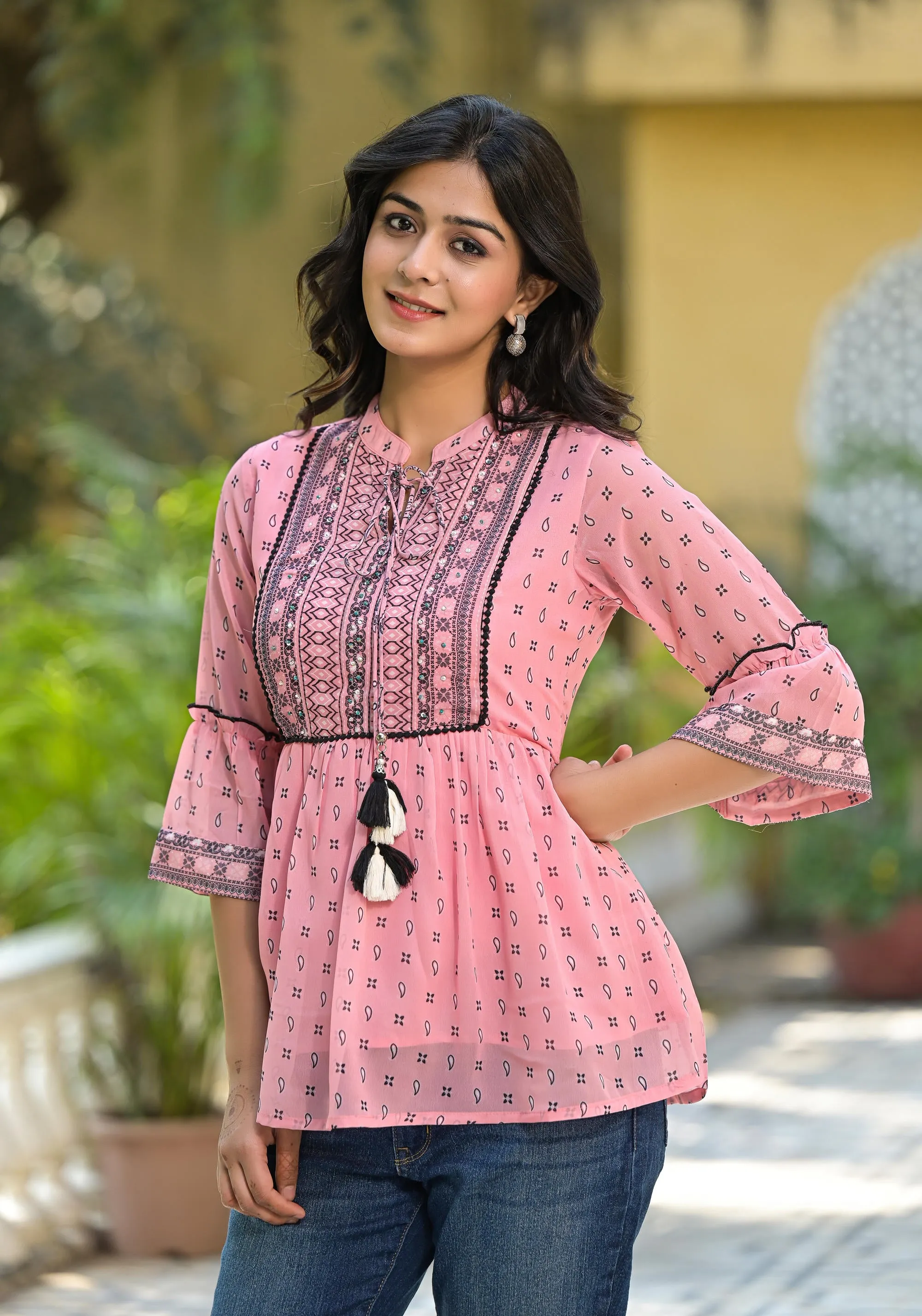 Peach Ethnic Motif Printed Georgette Tunic With Sequins & Doris