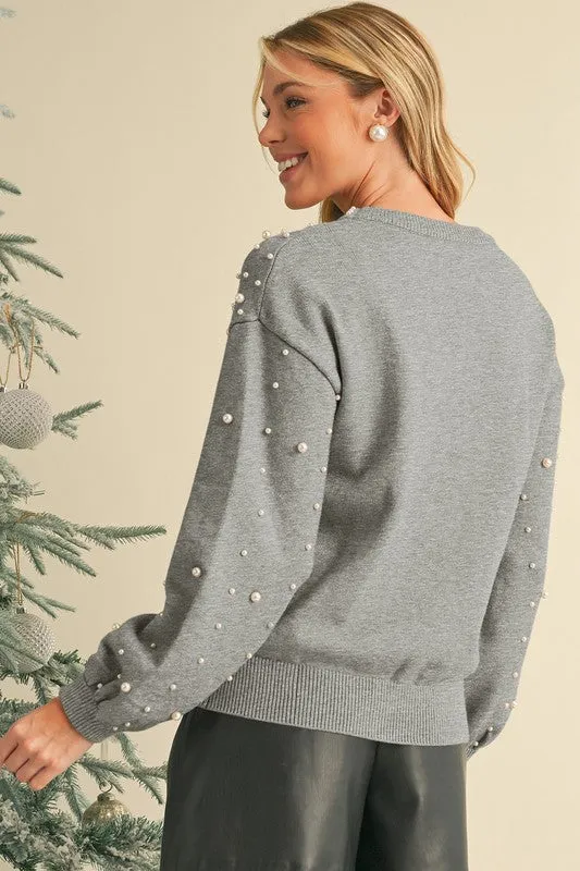 Pearl Drop Shoulder Round Neck Sweater  - Online Exclusive