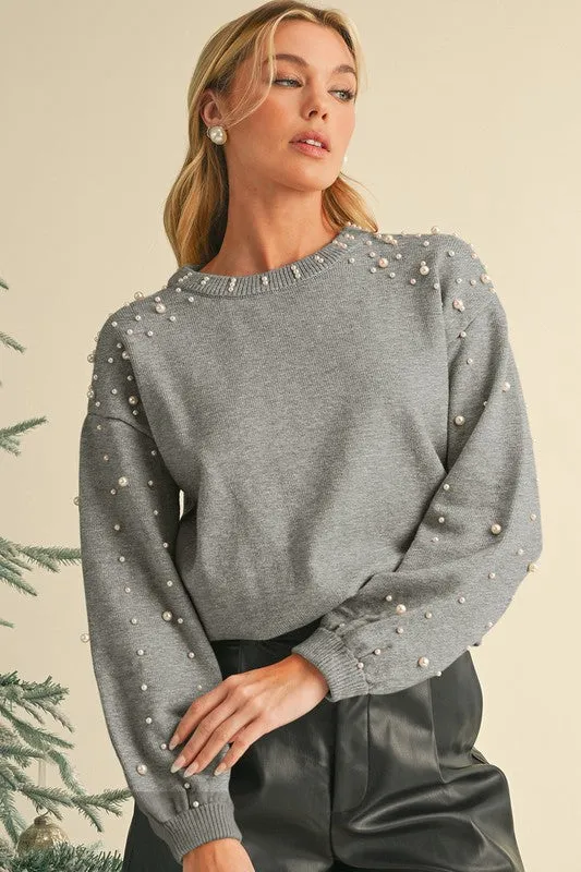 Pearl Drop Shoulder Round Neck Sweater  - Online Exclusive