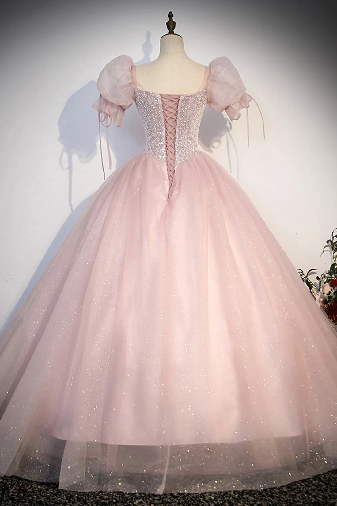 Pink Tulle Sequins Long Prom Dress, Lovely A-Line Short Sleeve Evening Party Dress