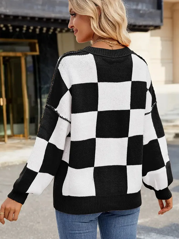 Plaid Color-Block Pullover Sweater