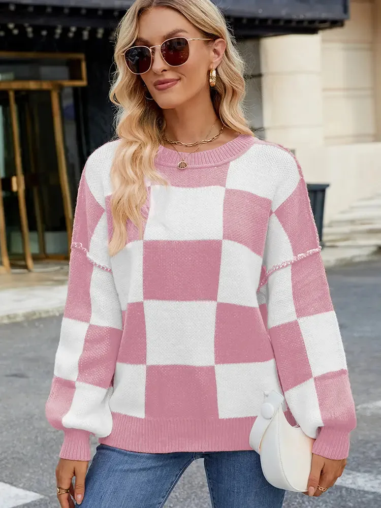 Plaid Color-Block Pullover Sweater