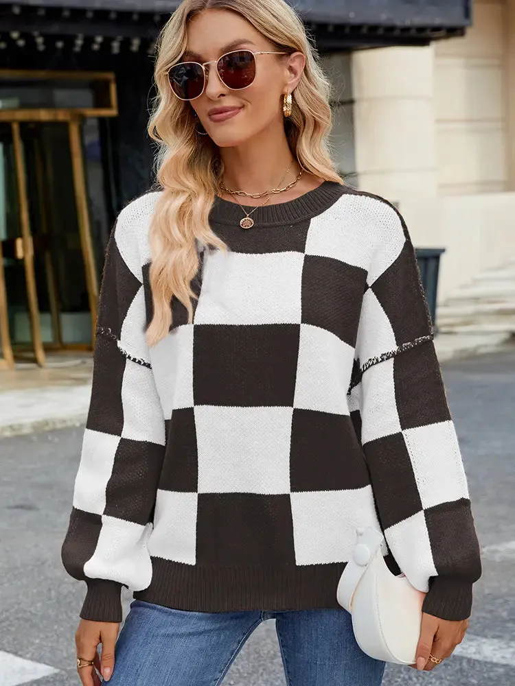 Plaid Color-Block Pullover Sweater