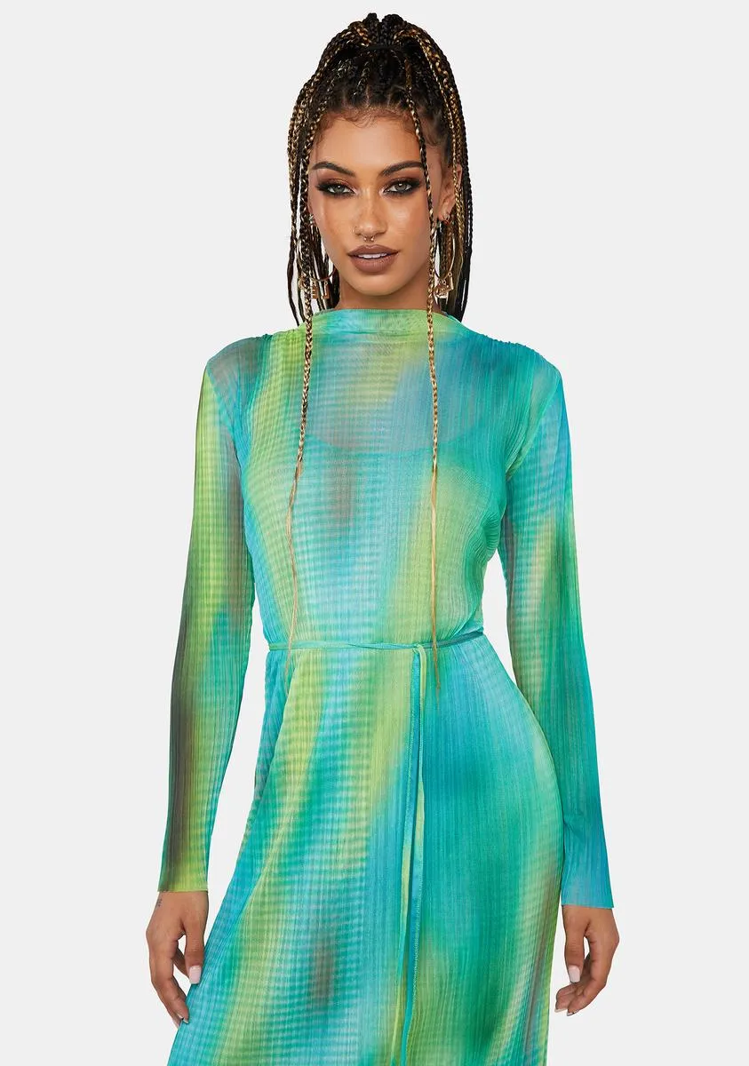 Pleated Mesh Space Blur Midi Dress