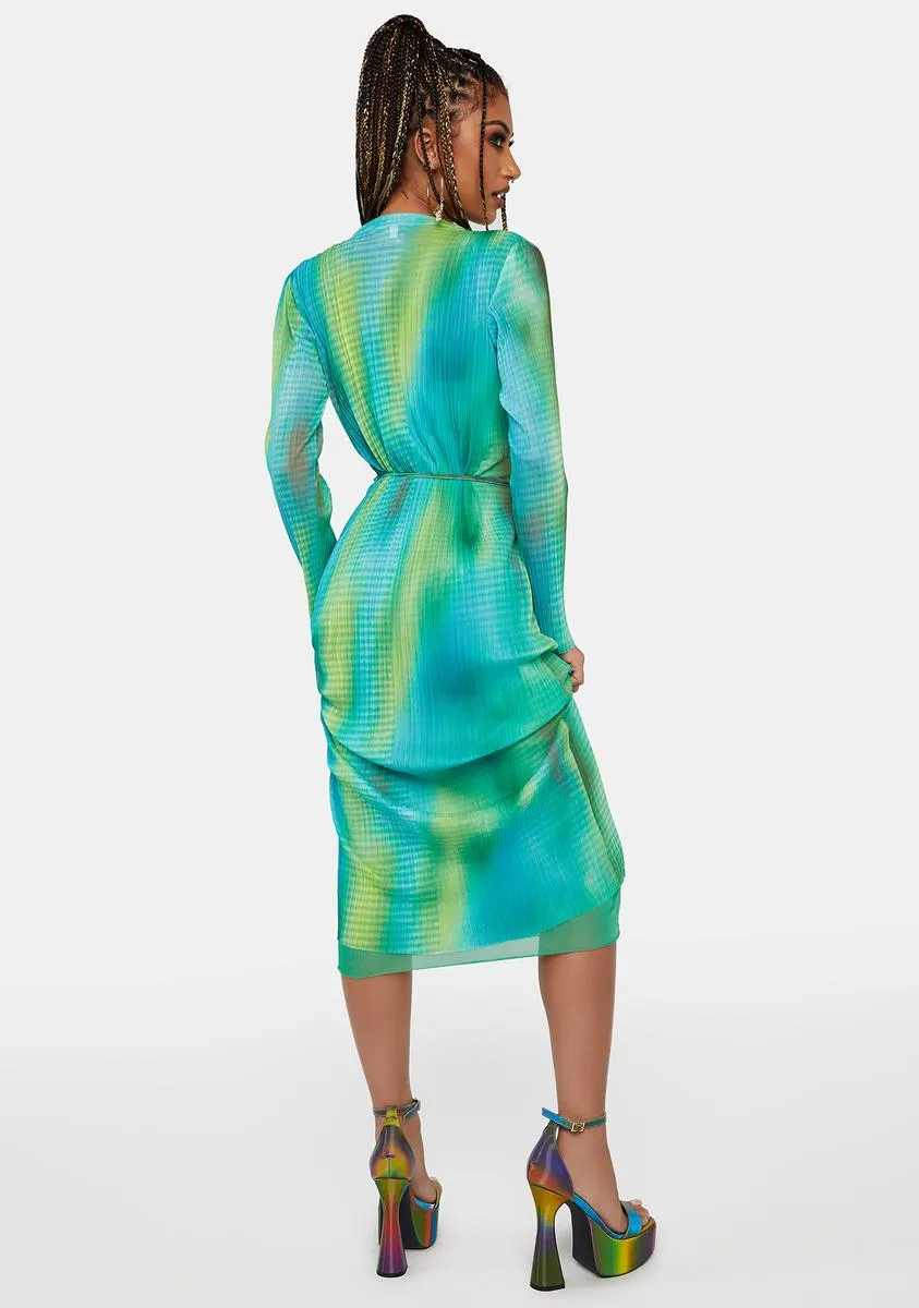 Pleated Mesh Space Blur Midi Dress