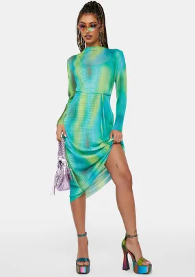 Pleated Mesh Space Blur Midi Dress