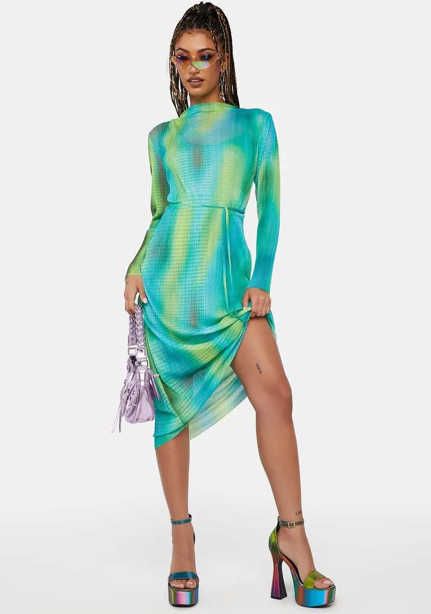 Pleated Mesh Space Blur Midi Dress