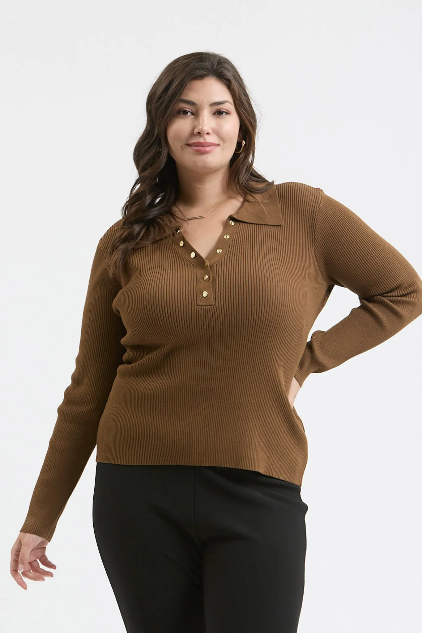 PLUS COLLARED GOLD SNAP BUTTON LONG SLEEVE SWEATER