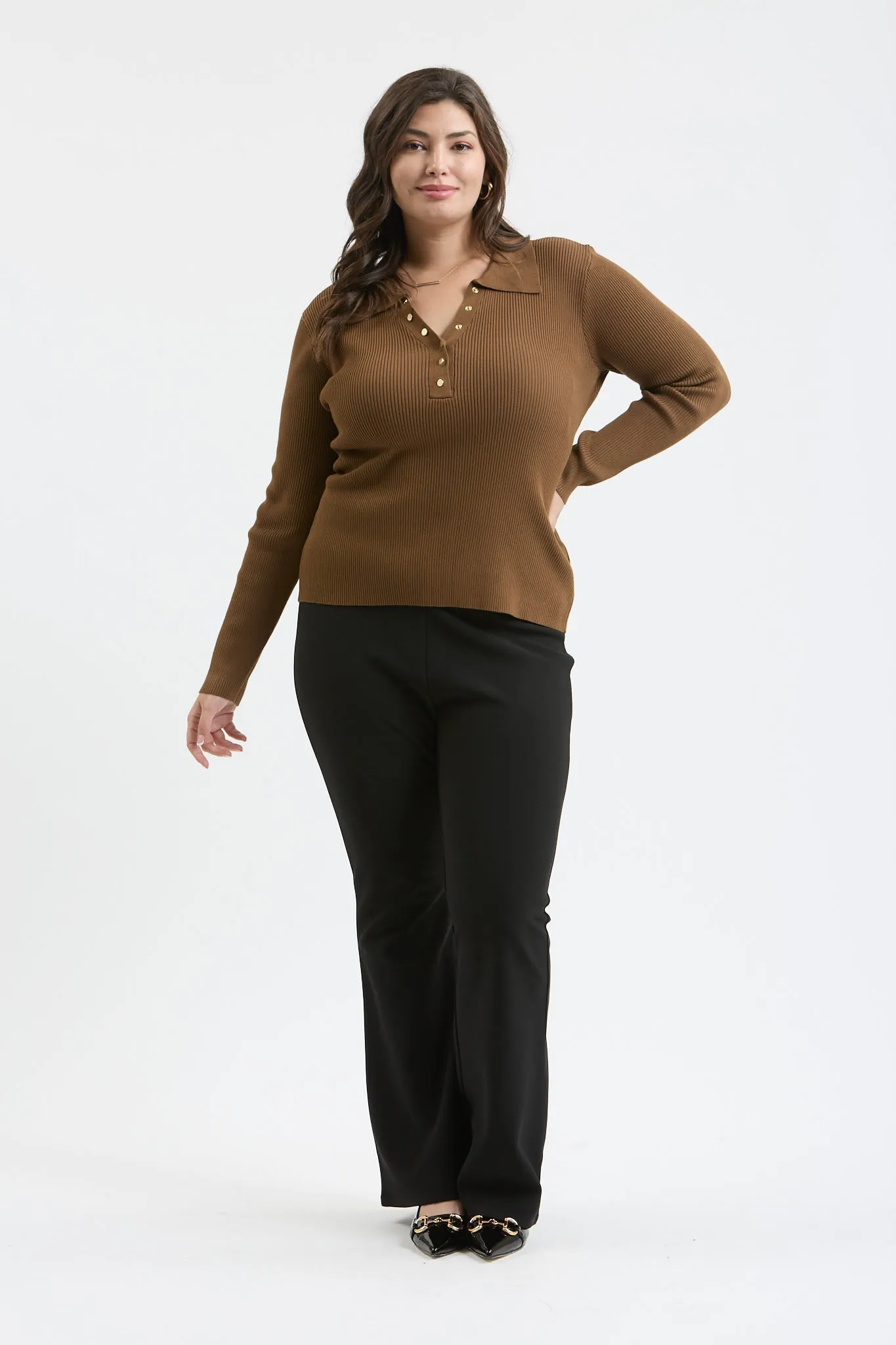 PLUS COLLARED GOLD SNAP BUTTON LONG SLEEVE SWEATER