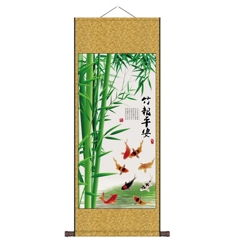 "Zhu Bao Ping An" - Blessings of Peace Brought by Lucky Bamboo, Silk Scroll Hanging Painting Reproduction Wall Decor Art