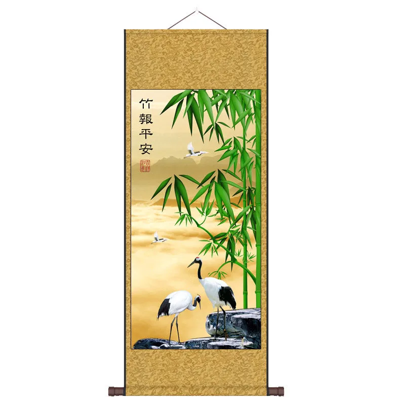 "Zhu Bao Ping An" - Blessings of Peace Brought by Lucky Bamboo, Silk Scroll Hanging Painting Reproduction Wall Decor Art