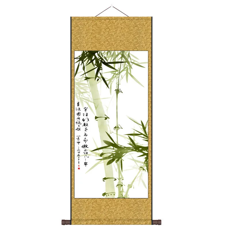 "Zhu Bao Ping An" - Blessings of Peace Brought by Lucky Bamboo, Silk Scroll Hanging Painting Reproduction Wall Decor Art