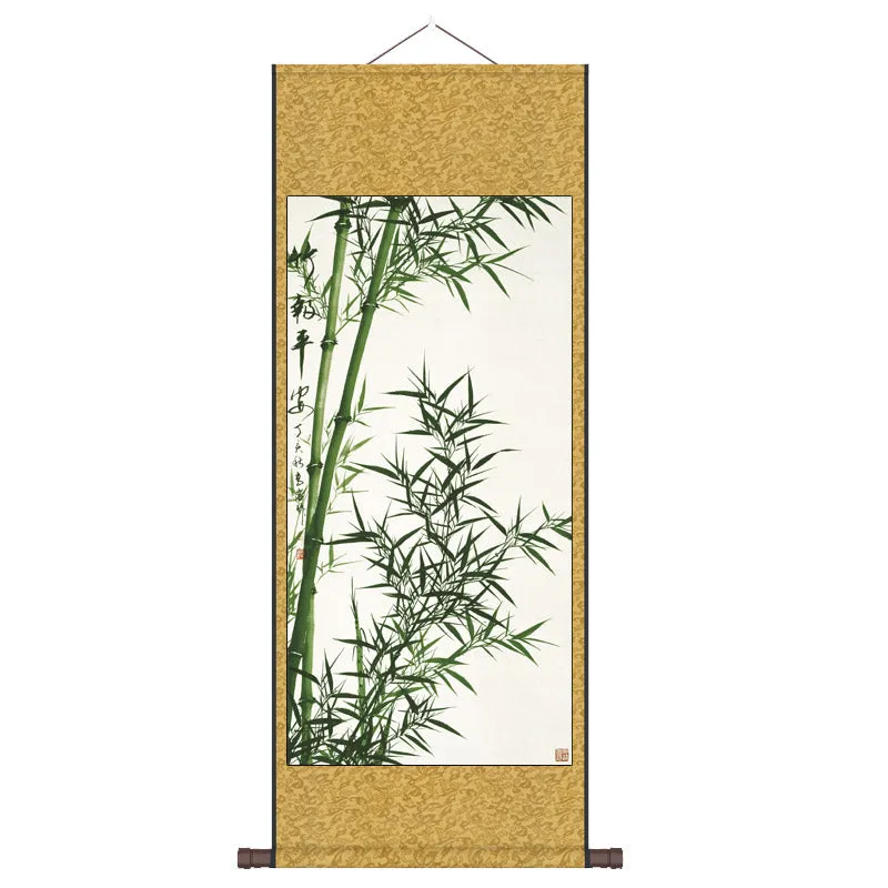 "Zhu Bao Ping An" - Blessings of Peace Brought by Lucky Bamboo, Silk Scroll Hanging Painting Reproduction Wall Decor Art