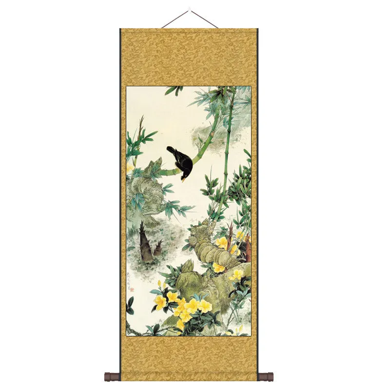 "Zhu Bao Ping An" - Blessings of Peace Brought by Lucky Bamboo, Silk Scroll Hanging Painting Reproduction Wall Decor Art