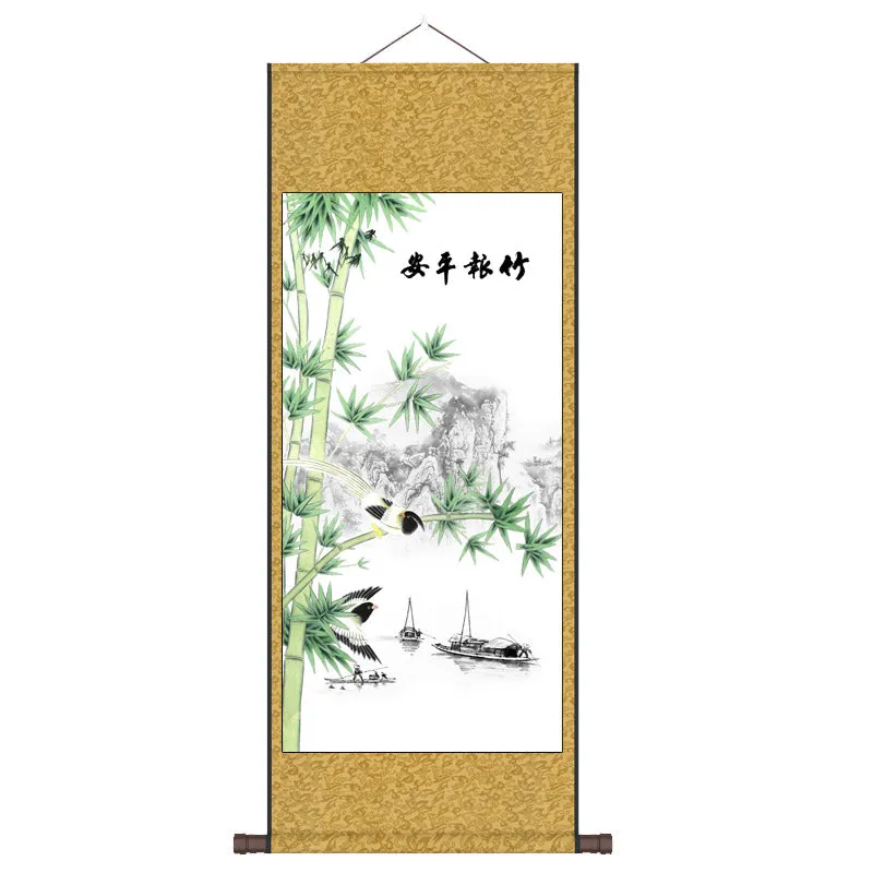 "Zhu Bao Ping An" - Blessings of Peace Brought by Lucky Bamboo, Silk Scroll Hanging Painting Reproduction Wall Decor Art