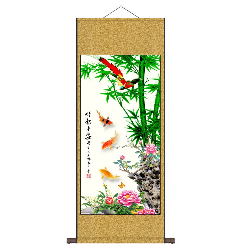 "Zhu Bao Ping An" - Blessings of Peace Brought by Lucky Bamboo, Silk Scroll Hanging Painting Reproduction Wall Decor Art