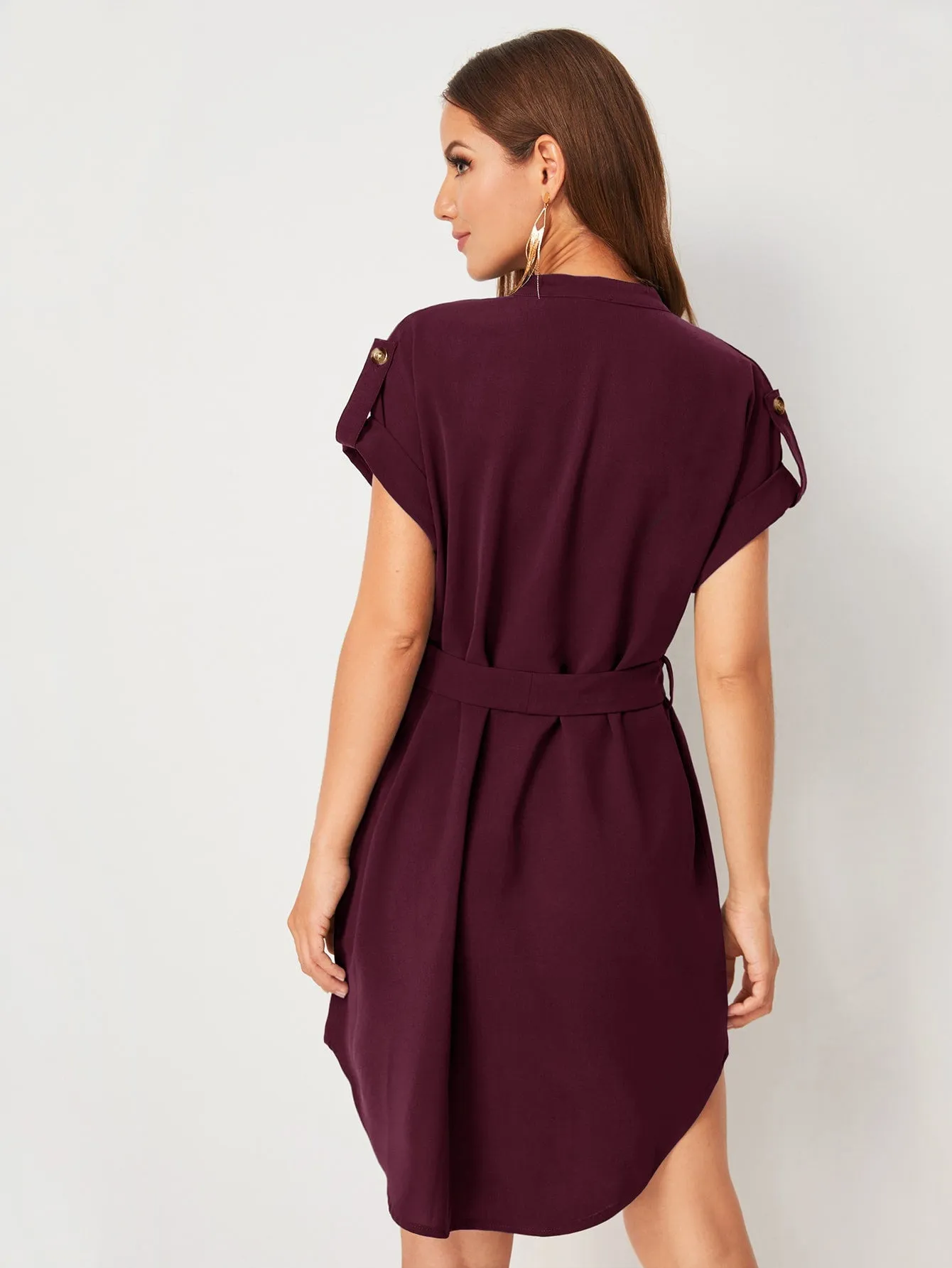 Roll Up Sleeve Belted High Low Tunic Dress