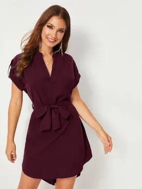 Roll Up Sleeve Belted High Low Tunic Dress