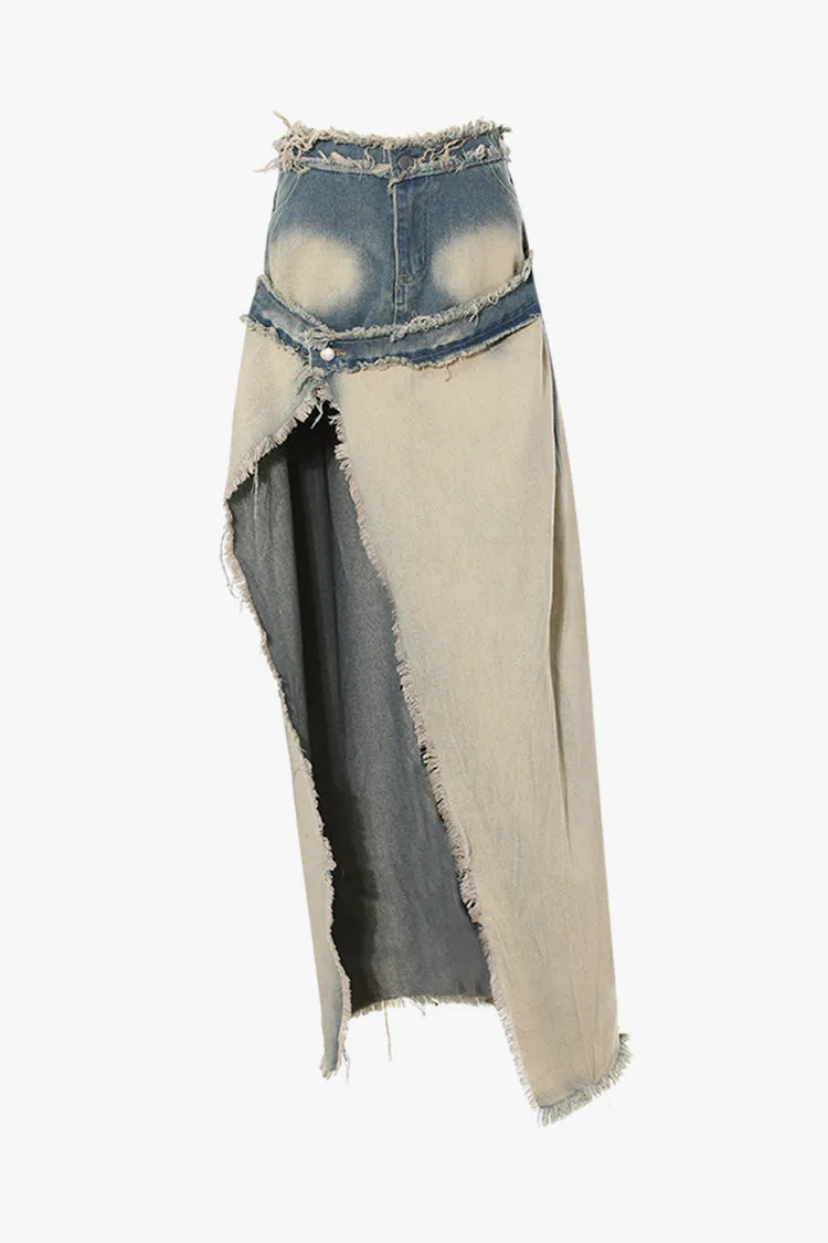 Rugged Double Waist One Button Distressed Trim Faded Denim Maxi Skirt