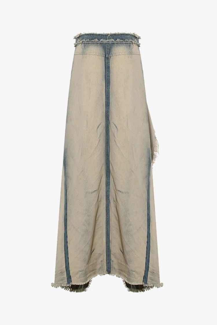 Rugged Double Waist One Button Distressed Trim Faded Denim Maxi Skirt