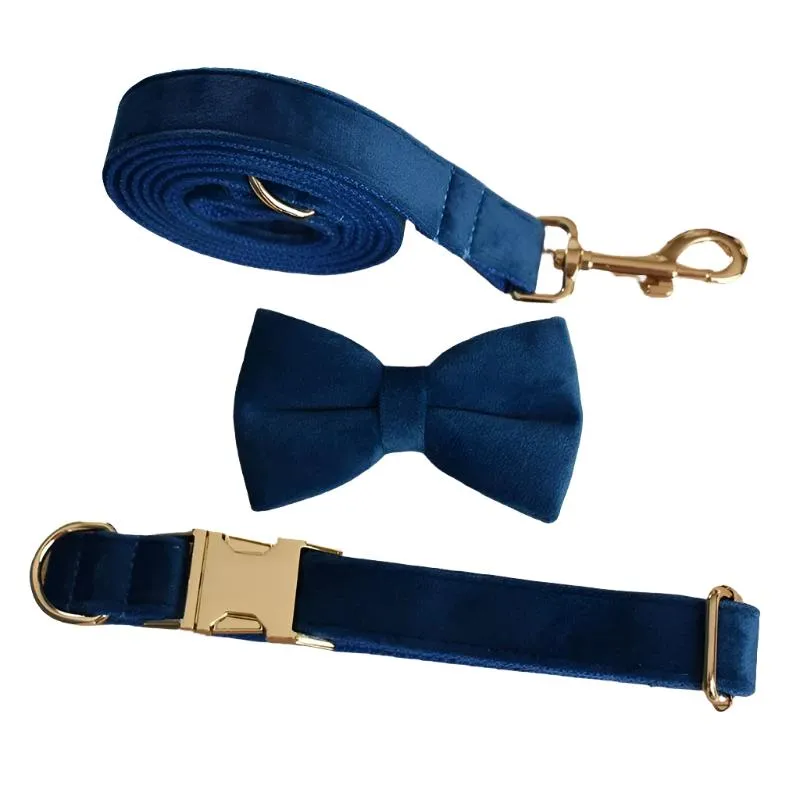 Sapphire Blue Velvet Collar with Detachable Bow Tie Personalized Leash Set