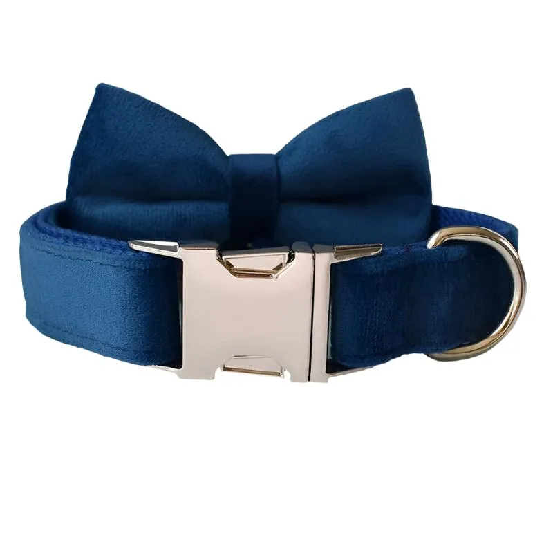 Sapphire Blue Velvet Collar with Detachable Bow Tie Personalized Leash Set