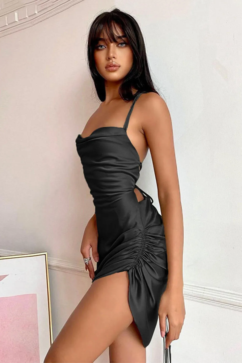 Satin Backless Tie Slip Dress