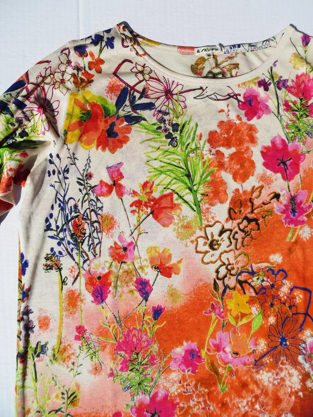 Silk Cotton Long 3/4 Sleeve Tee Orange Floral