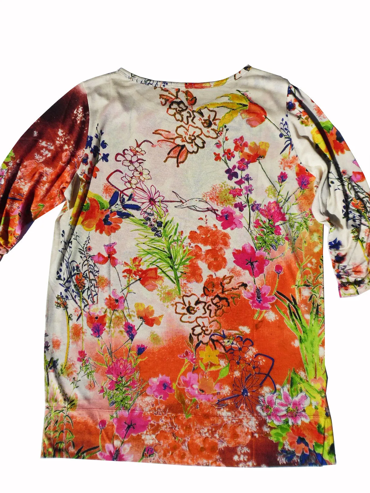 Silk Cotton Long 3/4 Sleeve Tee Orange Floral