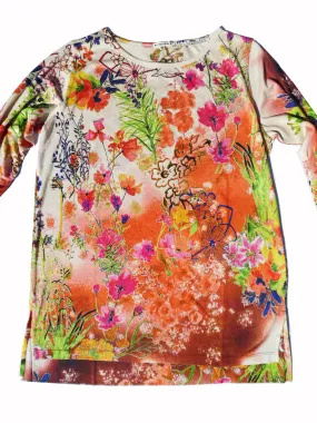 Silk Cotton Long 3/4 Sleeve Tee Orange Floral