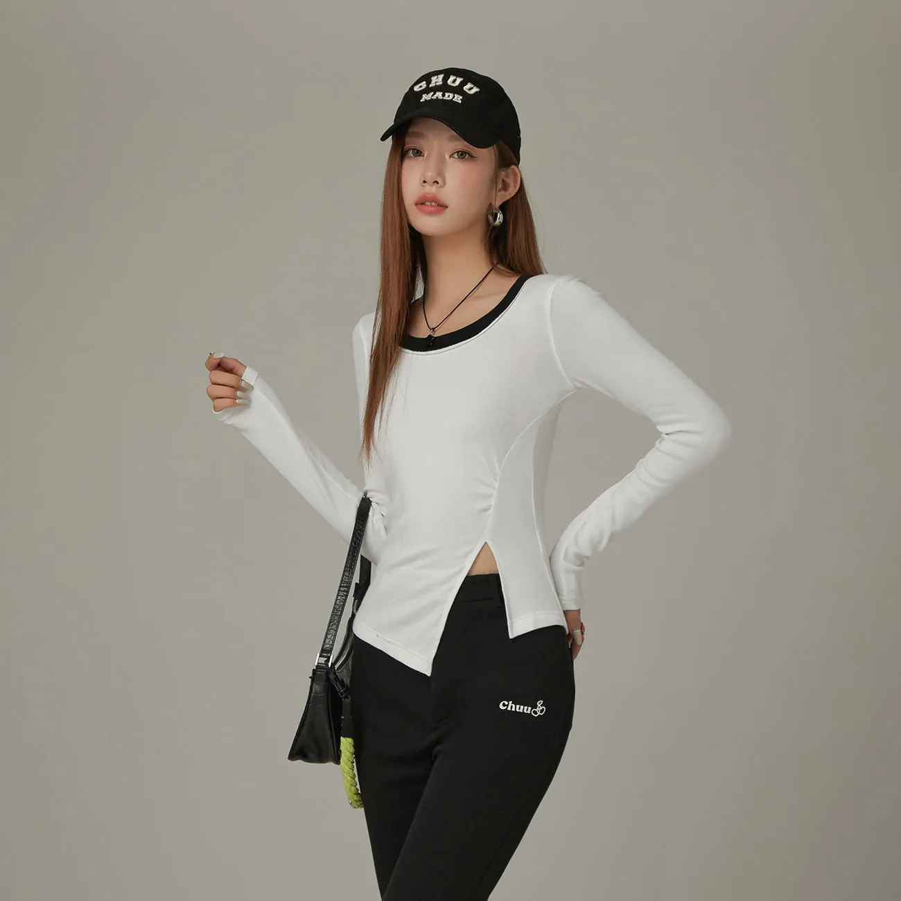 Slit Long Sleeve Simple T-Shirt